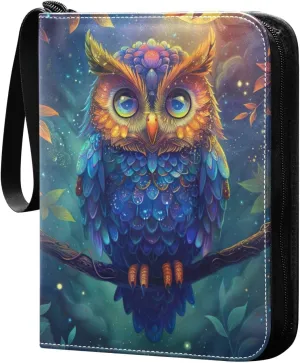Colorful Owl Card Binder with 50 Removable Page Sleeves PU Leather Collectible Trading Card Albums Book with Zipper for Games Card,Baseball Cards