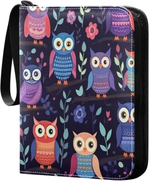 Colorful Owls1 Card Binder with 50 Removable Page Sleeves PU Leather Collectible Trading Card Albums Book with Zipper for Games Card,Baseball Cards