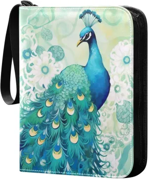 Colorful Peacock Card Binder with 50 Removable Page Sleeves PU Leather Collectible Trading Card Albums Book with Zipper for Games Card,Baseball Cards