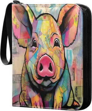 Colorful Pig Card Binder with 50 Removable Page Sleeves PU Leather Collectible Trading Card Albums Book with Zipper for Games Card,Baseball Cards