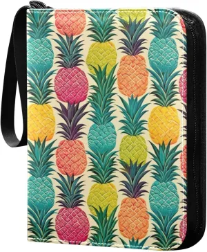 Colorful Pineapples Striped Watermelon Card Binder with 50 Removable Page Sleeves PU Leather Collectible Trading Card Albums Book with Zipper for Games Card,Baseball Cards