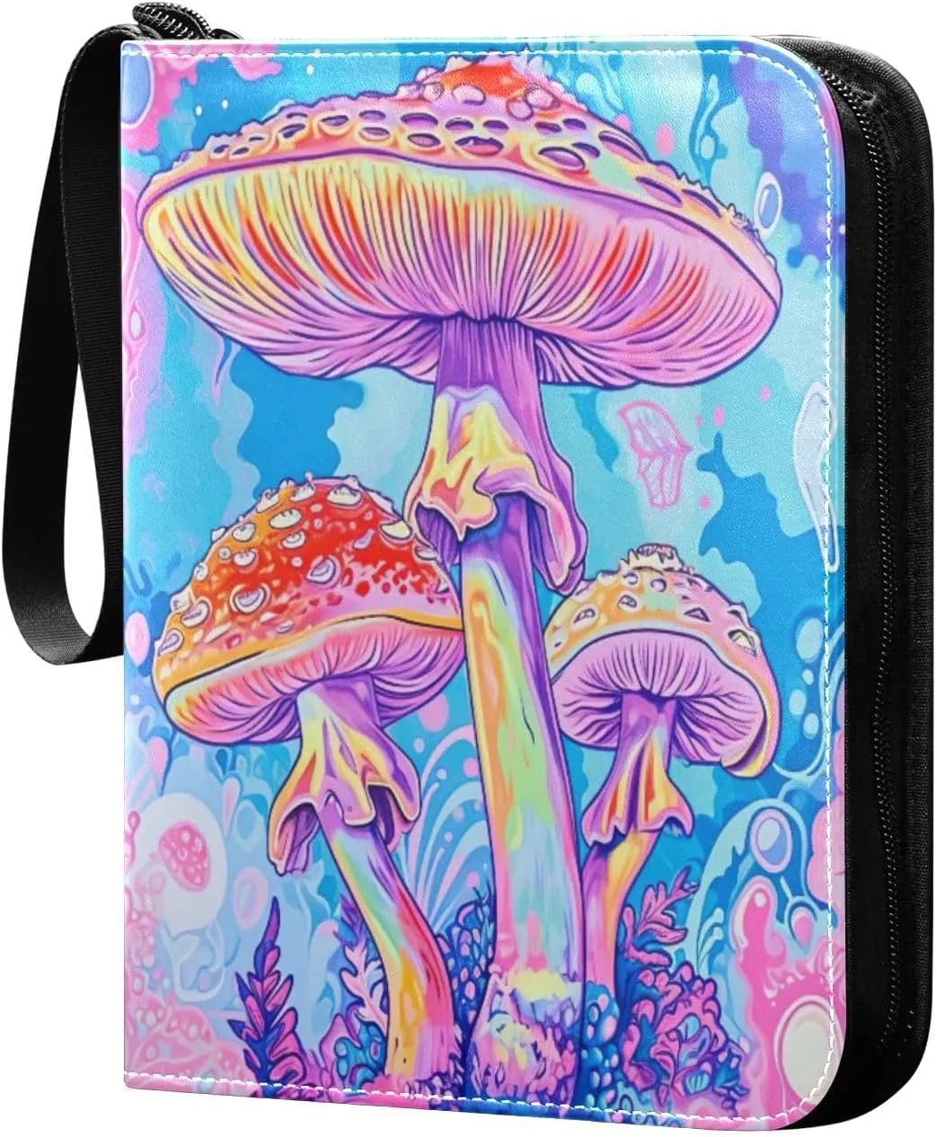 Colorful Psychedelic Mushrooms Card Binder with 50 Removable Page Sleeves PU Leather Collectible Trading Card Albums Book with Zipper for Games Card,Baseball Cards