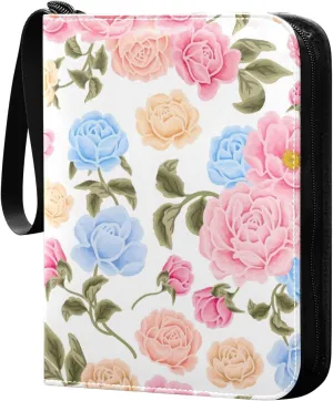 Colorful Rose Peony Card Binder, 4 Pockets Trading Card Binder Holder with 50 Sleeves Holder Album, Card Collection Binder Card Album Book for Football Basketball Baseball Games Sports Cards