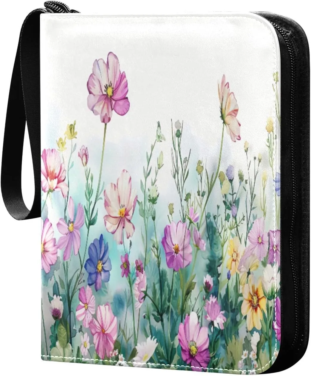 Colorful Wild Flowers (3) Card Binder with 50 Removable Page Sleeves PU Leather Collectible Trading Card Albums Book with Zipper for Games Card,Baseball Cards
