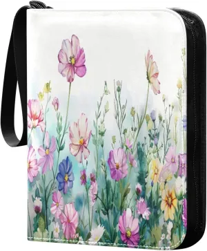 Colorful Wild Flowers (3) Card Binder with 50 Removable Page Sleeves PU Leather Collectible Trading Card Albums Book with Zipper for Games Card,Baseball Cards