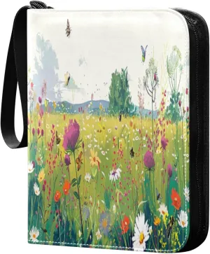 Colorful Wild Flowers (5) Card Binder with 50 Removable Page Sleeves PU Leather Collectible Trading Card Albums Book with Zipper for Games Card,Baseball Cards