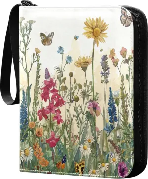 Colorful Wild Flowers (7) Card Binder with 50 Removable Page Sleeves PU Leather Collectible Trading Card Albums Book with Zipper for Games Card,Baseball Cards