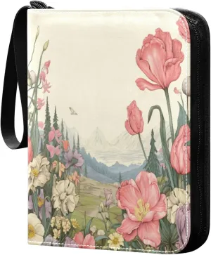 Colorful Wild Flowers (9) Card Binder with 50 Removable Page Sleeves PU Leather Collectible Trading Card Albums Book with Zipper for Games Card,Baseball Cards