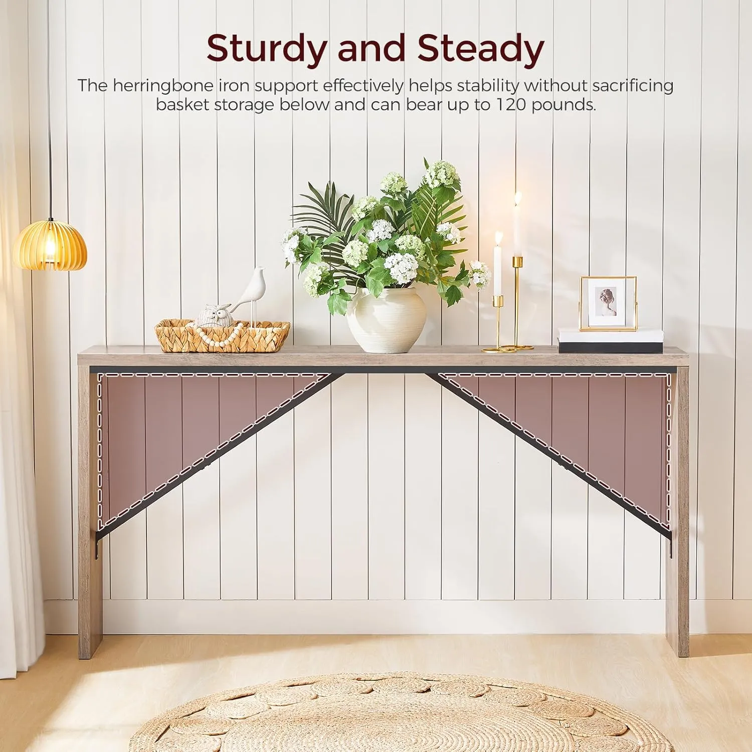 Console Table, 62.2" Long Sofa Table Behind Couch, Narrow Entryway Table, Farmhouse Dining Table with Angled Metal Frame, Industrial Console Table for Entryway, Greige CTHG15801