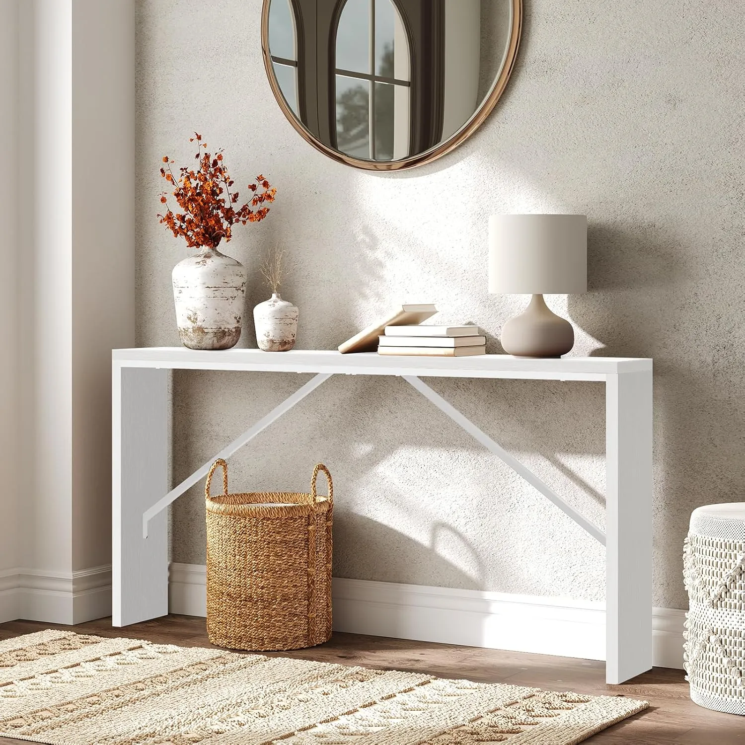 Console Table, 62.2" Long Sofa Table Behind Couch, Narrow Entryway Table, Farmhouse Dining Table with Angled Metal Frame, Industrial Console Table for Entryway, White CTWT15801