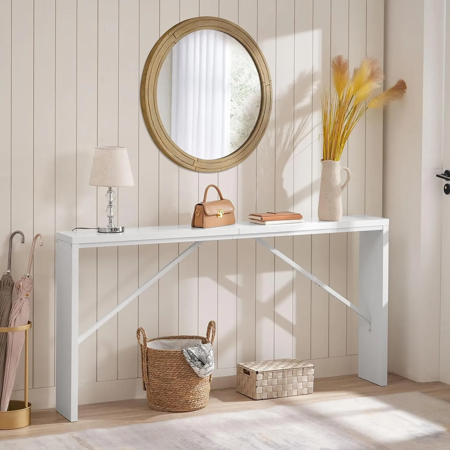 Console Table, 62.2" Long Sofa Table Behind Couch, Narrow Entryway Table, Farmhouse Dining Table with Angled Metal Frame, Industrial Console Table for Entryway, White CTWT15801