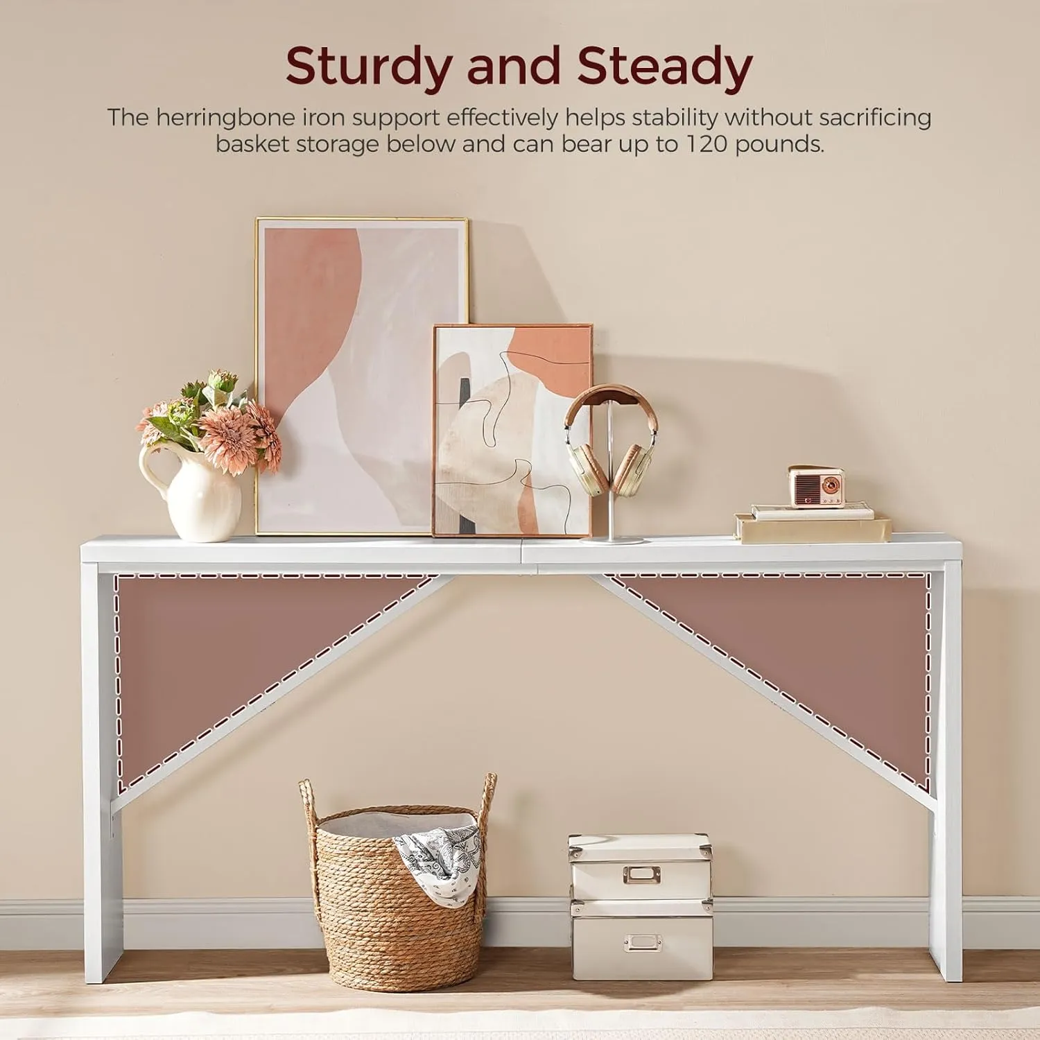Console Table, 62.2" Long Sofa Table Behind Couch, Narrow Entryway Table, Farmhouse Dining Table with Angled Metal Frame, Industrial Console Table for Entryway, White CTWT15801