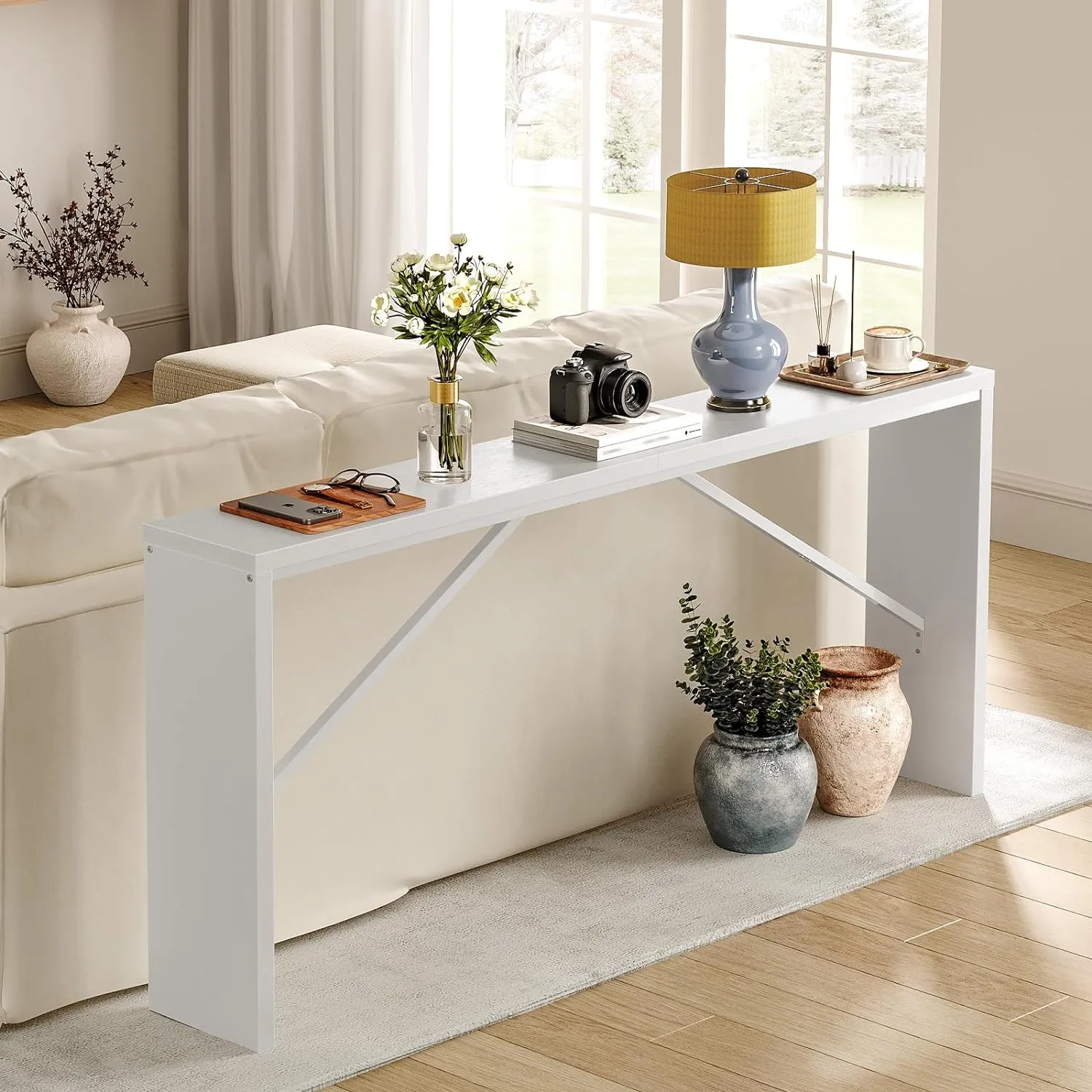 Console Table, 62.2" Long Sofa Table Behind Couch, Narrow Entryway Table, Farmhouse Dining Table with Angled Metal Frame, Industrial Console Table for Entryway, White CTWT15801