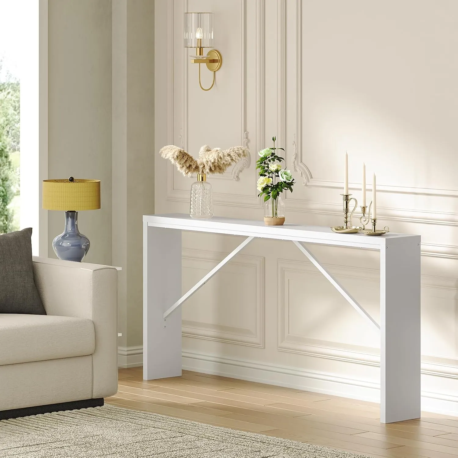 Console Table, 62.2" Long Sofa Table Behind Couch, Narrow Entryway Table, Farmhouse Dining Table with Angled Metal Frame, Industrial Console Table for Entryway, White CTWT15801