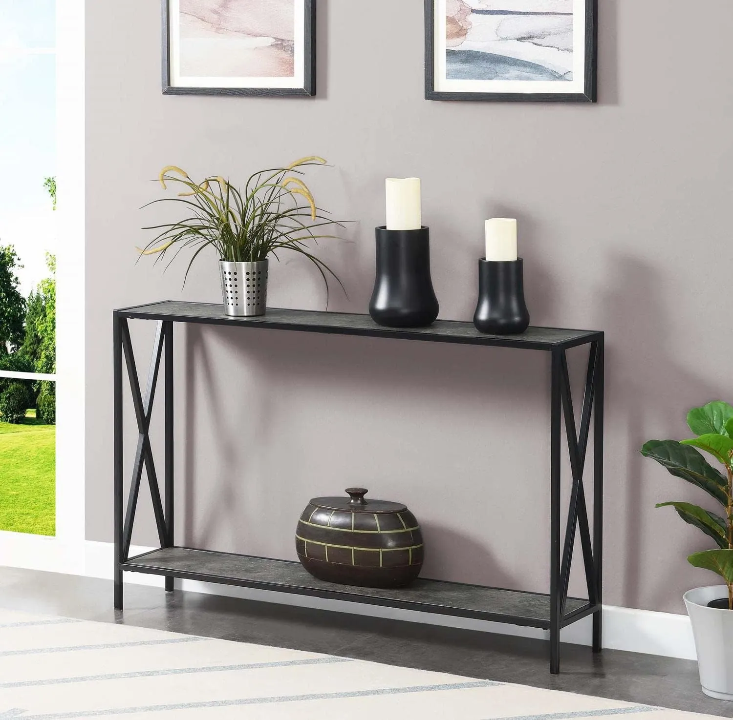 Convenience Concepts Tucson Console Table 47.25" - Modern Sofa Table with Storage Shelf, Entryway Hall Table for Living Room, Cement/Black