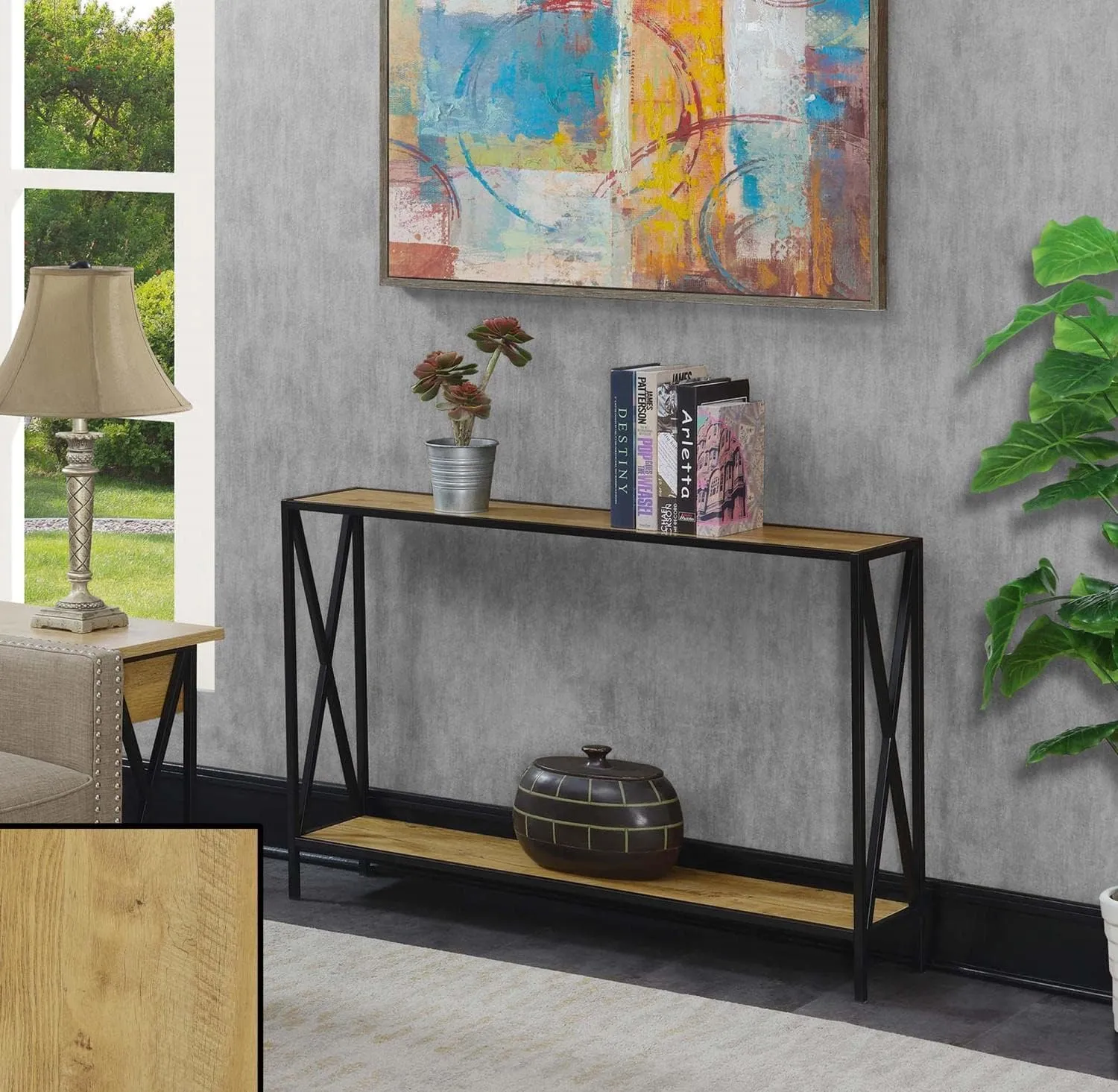 Convenience Concepts Tucson Console Table 47.25" - Modern Sofa Table with Storage Shelf, Entryway Hall Table for Living Room, English Oak/Black