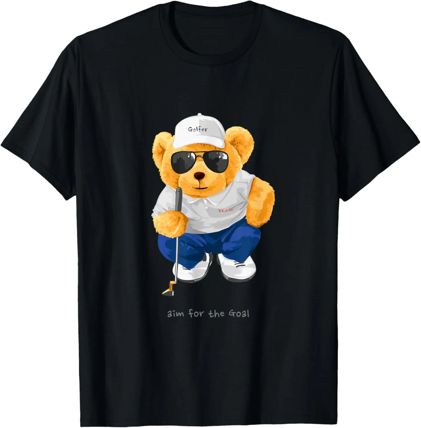 Cool Wild Teddy Bear Playing Golf Style Illustration Graphic T-Shirt