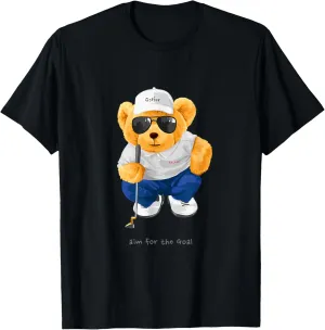 Cool Wild Teddy Bear Playing Golf Style Illustration Graphic T-Shirt