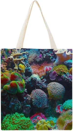 Coral Reefs Canvas Tote Bag with Handles Reusable Grocery Shopping Printed Beach Handbag for Daily Travel Work