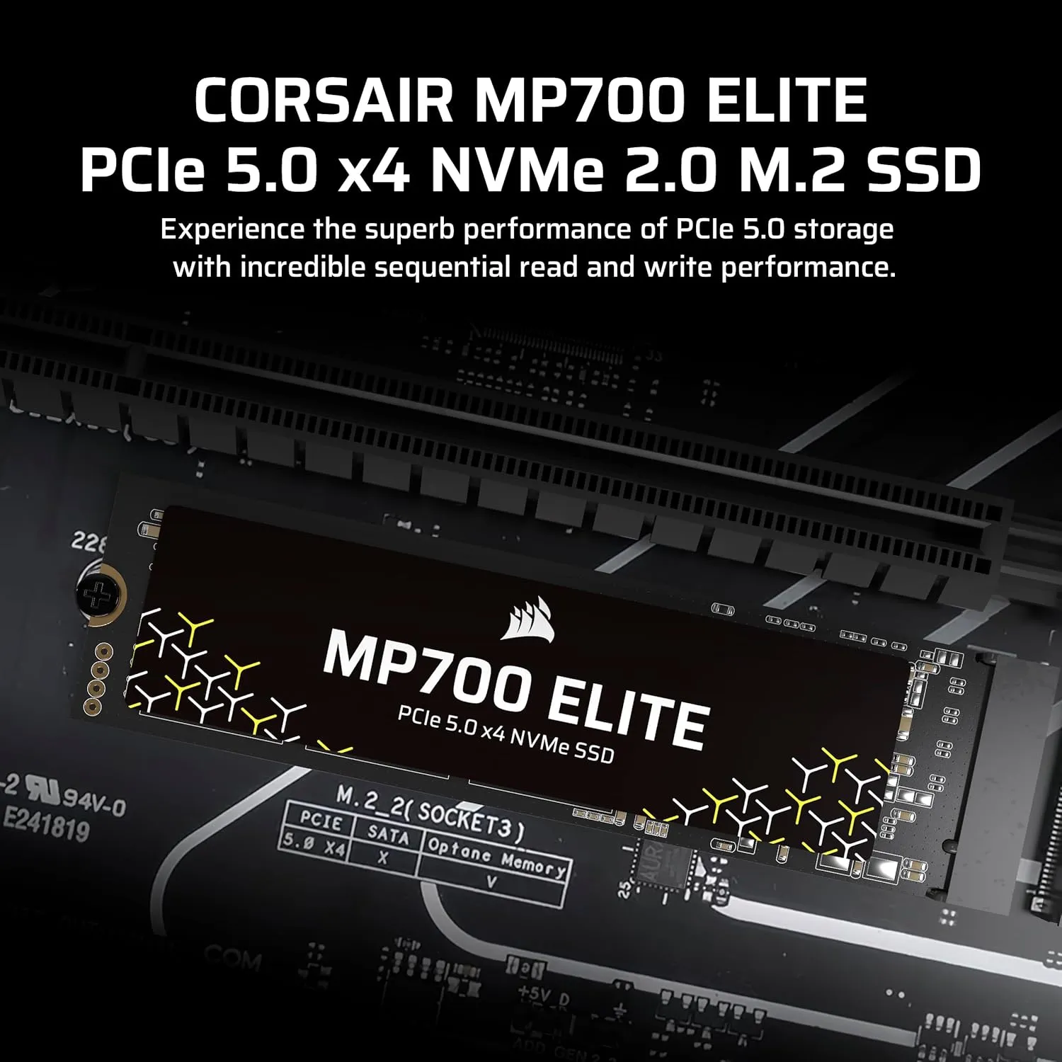 Corsair MP700 Elite 1TB PCIe 5.0 x4 NVMe M.2 SSD – Up to 10,000MB/sec – High-Density 3D TLC NAND – M.2 2280 - DirectStorage Compatible – Black