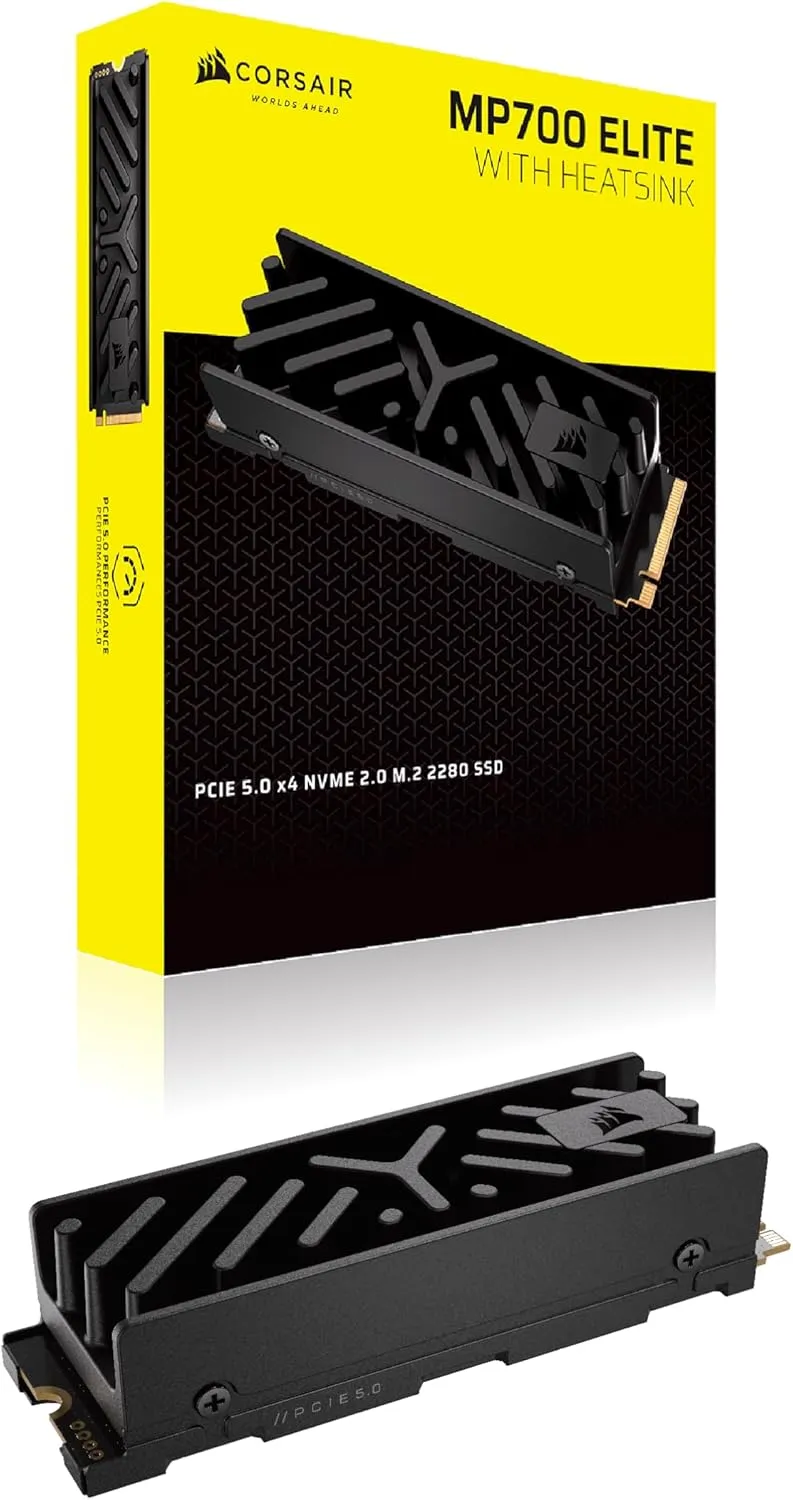 Corsair MP700 Elite 2TB PCIe 5.0 x4 NVMe M.2 SSD – Included Aluminum Heatsink – Up to 10,000MB/sec – High-Density 3D TLC NAND – M.2 2280 - DirectStorage Compatible – Black