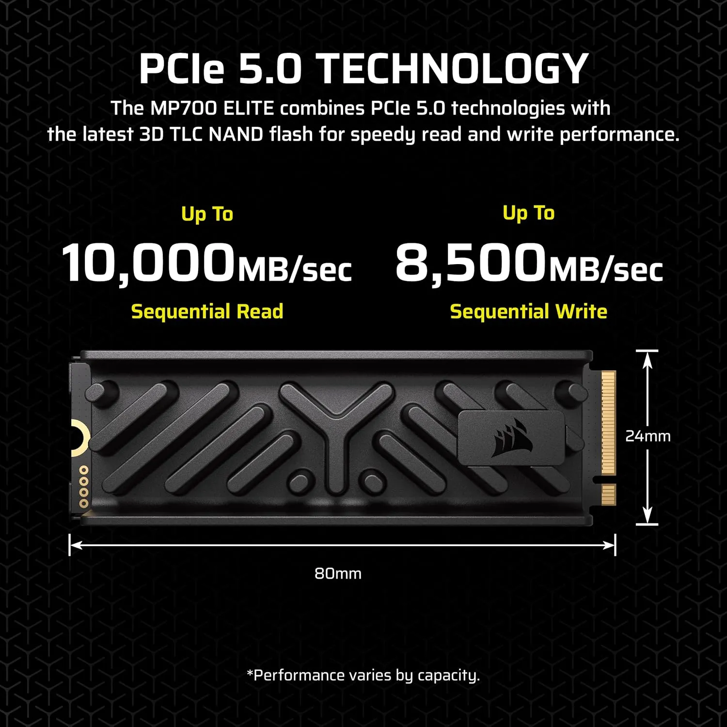 Corsair MP700 Elite 2TB PCIe 5.0 x4 NVMe M.2 SSD – Included Aluminum Heatsink – Up to 10,000MB/sec – High-Density 3D TLC NAND – M.2 2280 - DirectStorage Compatible – Black