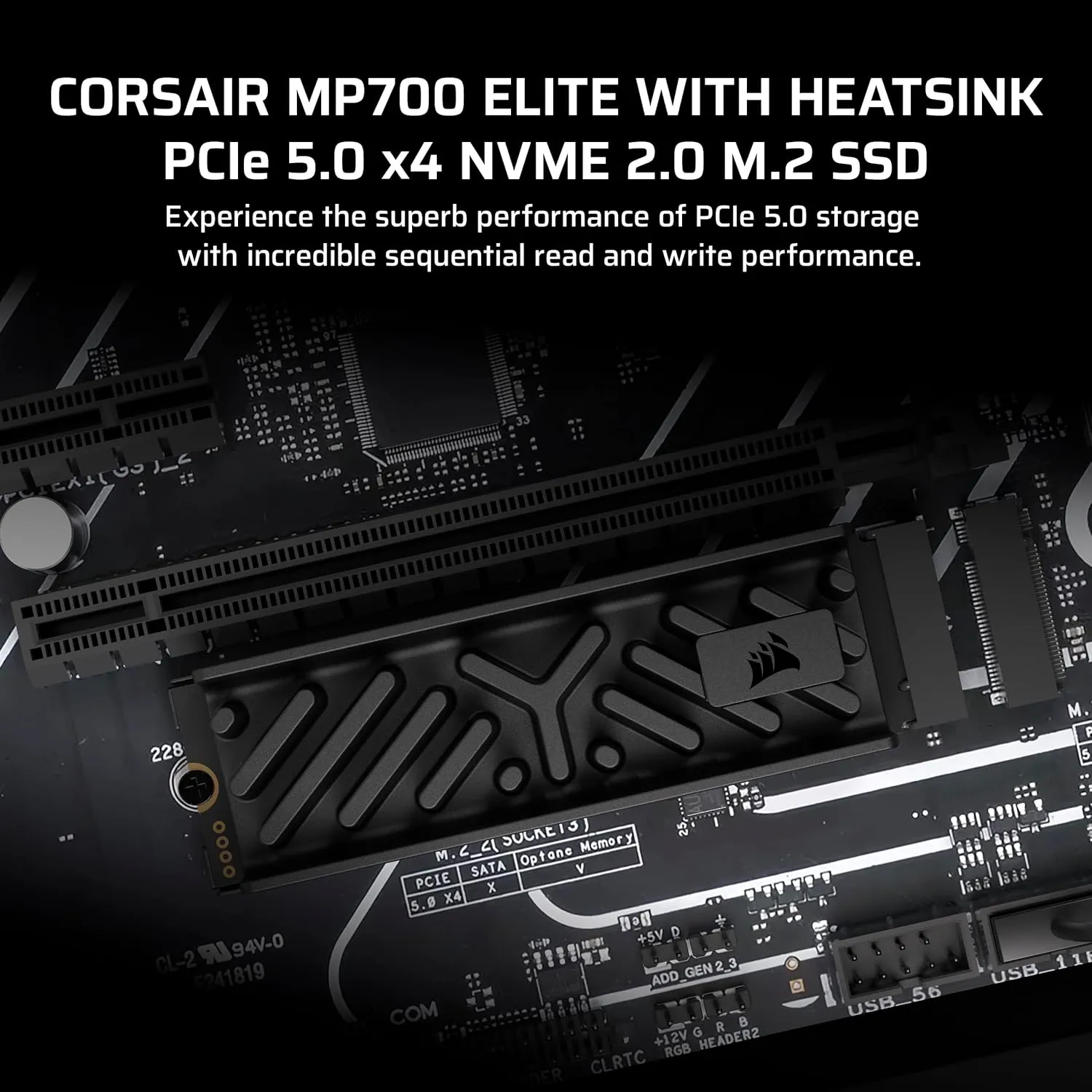Corsair MP700 Elite 2TB PCIe 5.0 x4 NVMe M.2 SSD – Included Aluminum Heatsink – Up to 10,000MB/sec – High-Density 3D TLC NAND – M.2 2280 - DirectStorage Compatible – Black