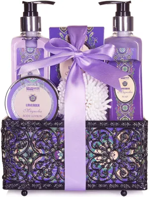 Cosmetics Home Spa Gift Basket - Lavender & Magnolia Scent - 7 Pcs Luxury Bath & Body Gift Set for Women and Men