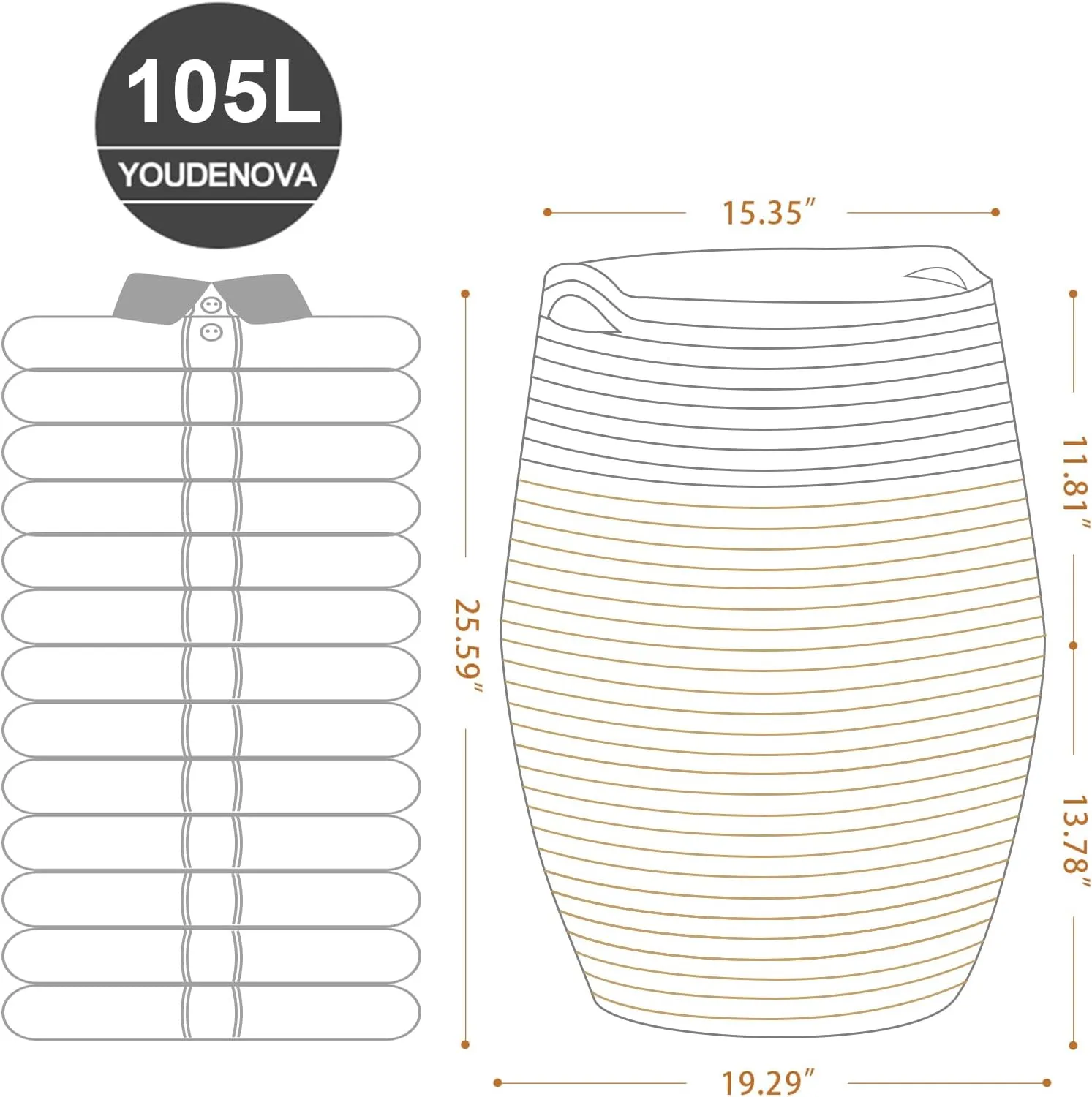 Cotton Rope Laundry Hamper by YOUDENOVA, 105L - Woven Collapsible Basket Clothes Storage for Blankets, Room Organizing, Bedroom Storage, – Brown & White