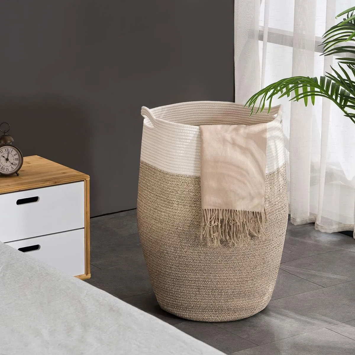 Cotton Rope Laundry Hamper by YOUDENOVA, 105L - Woven Collapsible Basket Clothes Storage for Blankets, Room Organizing, Bedroom Storage, – Brown & White
