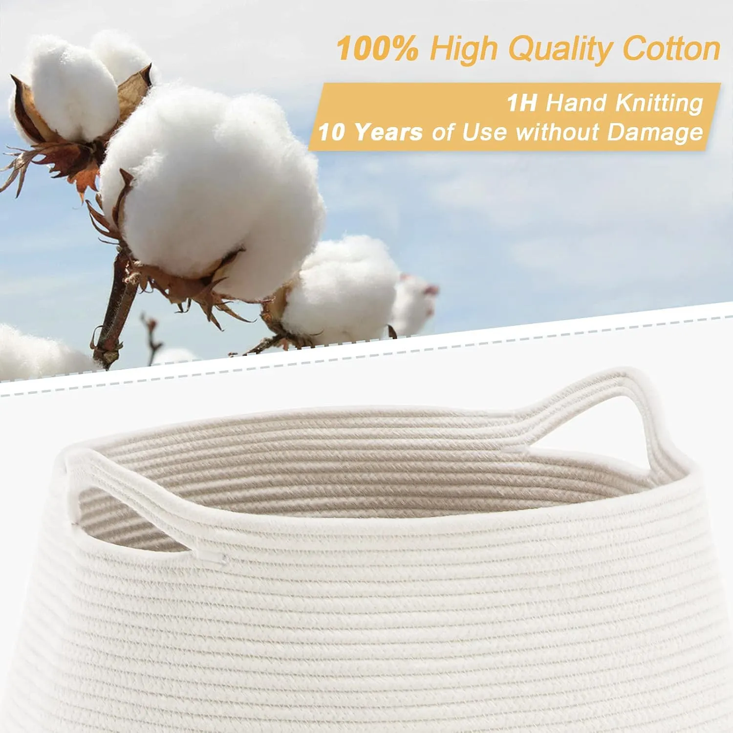 Cotton Rope Laundry Hamper by YOUDENOVA, 105L - Woven Collapsible Basket Clothes Storage for Blankets, Room Organizing, Bedroom Storage, – Brown & White