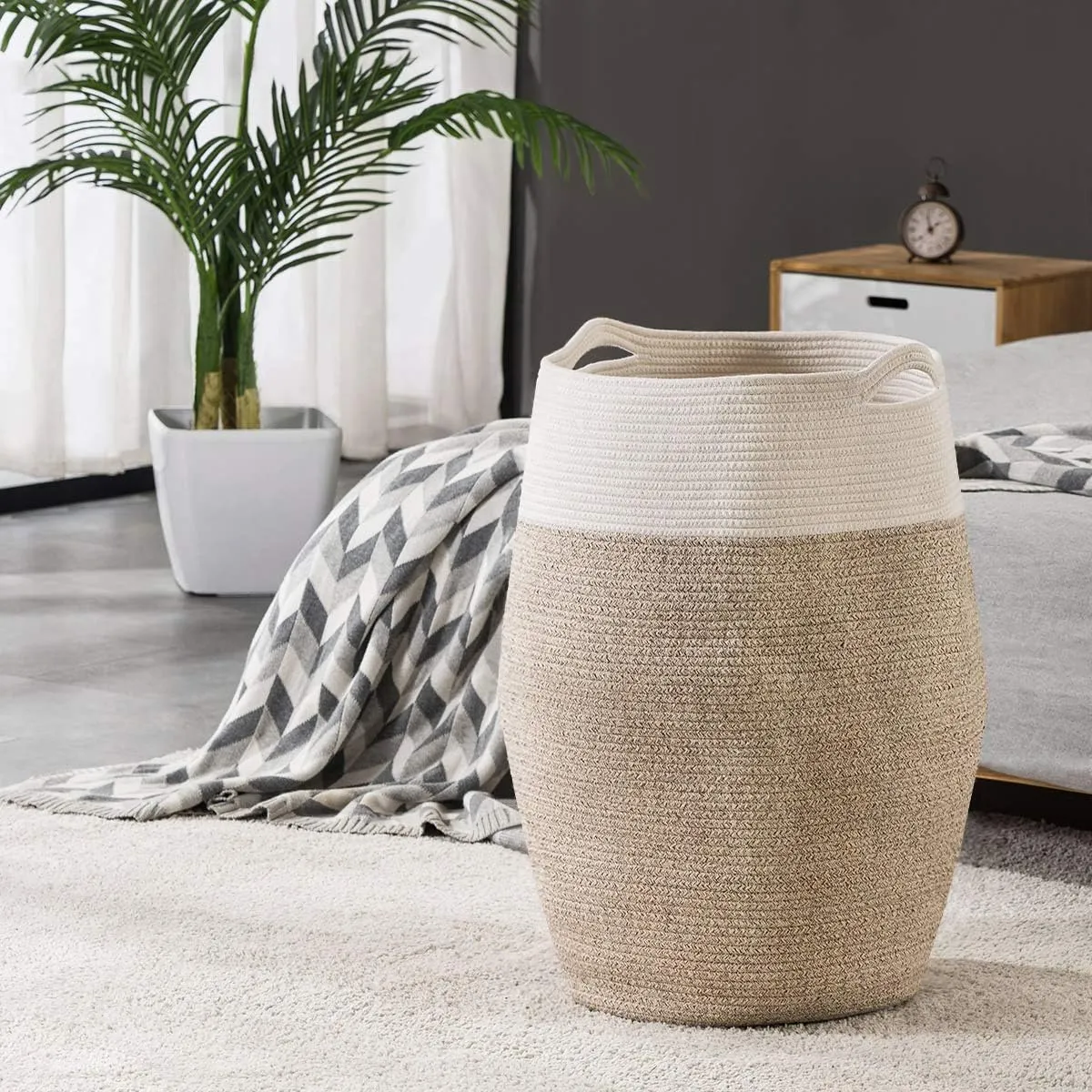 Cotton Rope Laundry Hamper by YOUDENOVA, 105L - Woven Collapsible Basket Clothes Storage for Blankets, Room Organizing, Bedroom Storage, – Brown & White