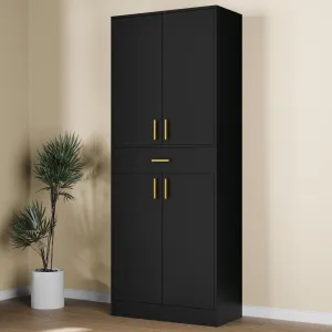Cozy Castle Kitchen Pantry Storage Cabinet 71" Tall 4 Doors Wood Freestanding Cupboard with Sliding Drawer and 2 Adjustable Shelves for Dining Room Living Room, Laundry, Bathroom, Black