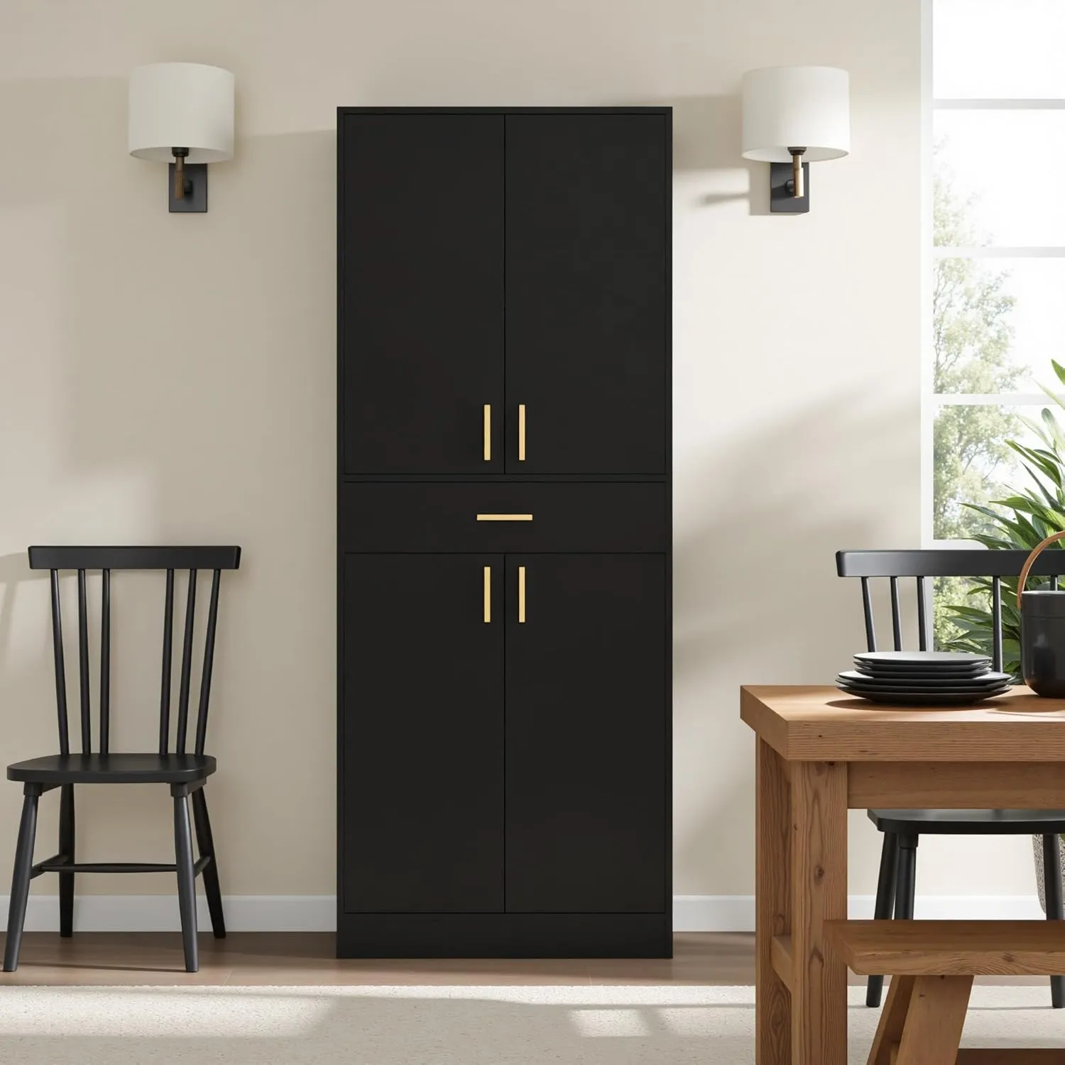 Cozy Castle Kitchen Pantry Storage Cabinet 71" Tall 4 Doors Wood Freestanding Cupboard with Sliding Drawer and 2 Adjustable Shelves for Dining Room Living Room, Laundry, Bathroom, Black