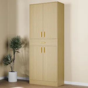 Cozy Castle Kitchen Pantry Storage Cabinet 71" Tall 4 Doors Wood Freestanding Cupboard with Sliding Drawer and 2 Adjustable Shelves for Dining Room Living Room, Laundry, Bathroom, Oak