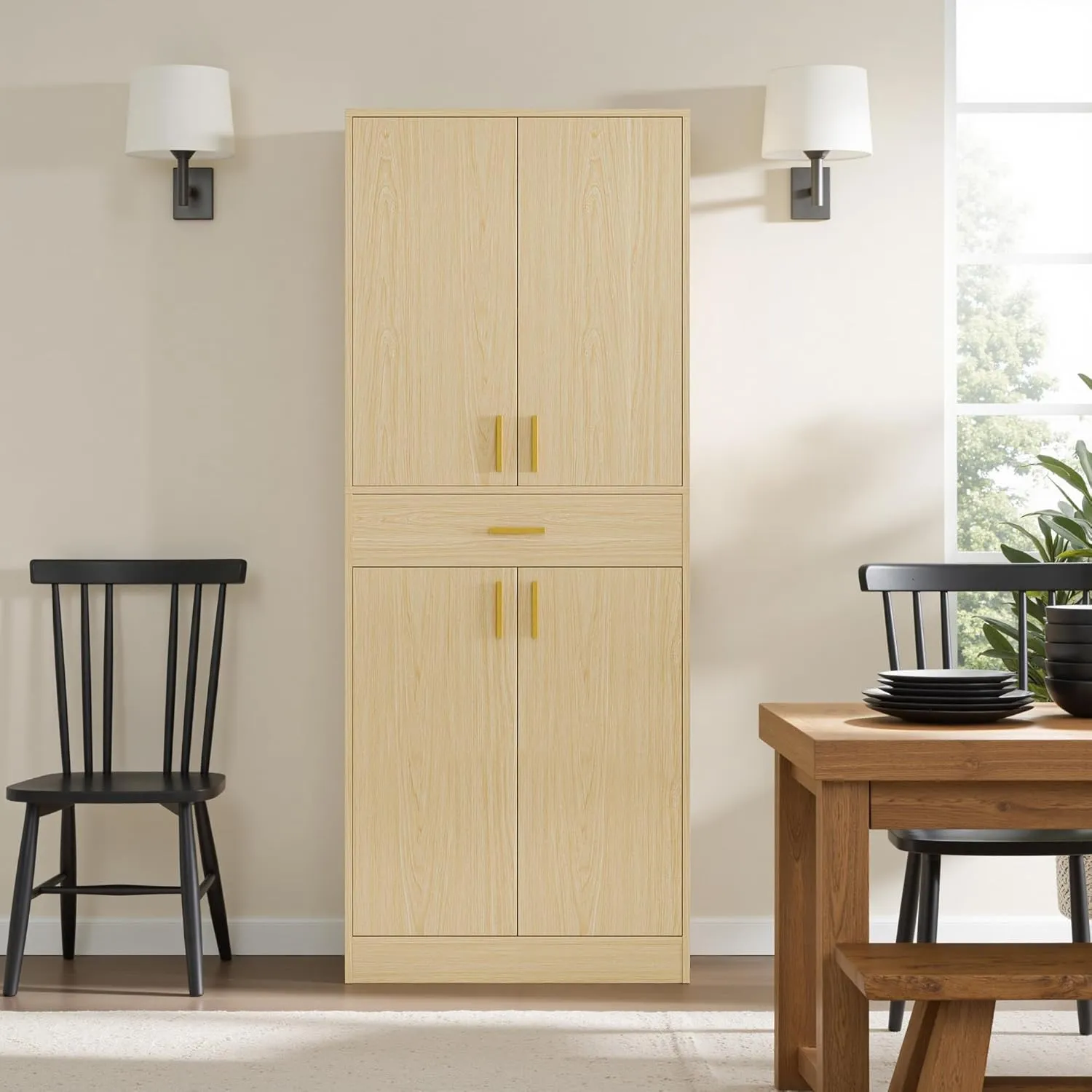 Cozy Castle Kitchen Pantry Storage Cabinet 71" Tall 4 Doors Wood Freestanding Cupboard with Sliding Drawer and 2 Adjustable Shelves for Dining Room Living Room, Laundry, Bathroom, Oak