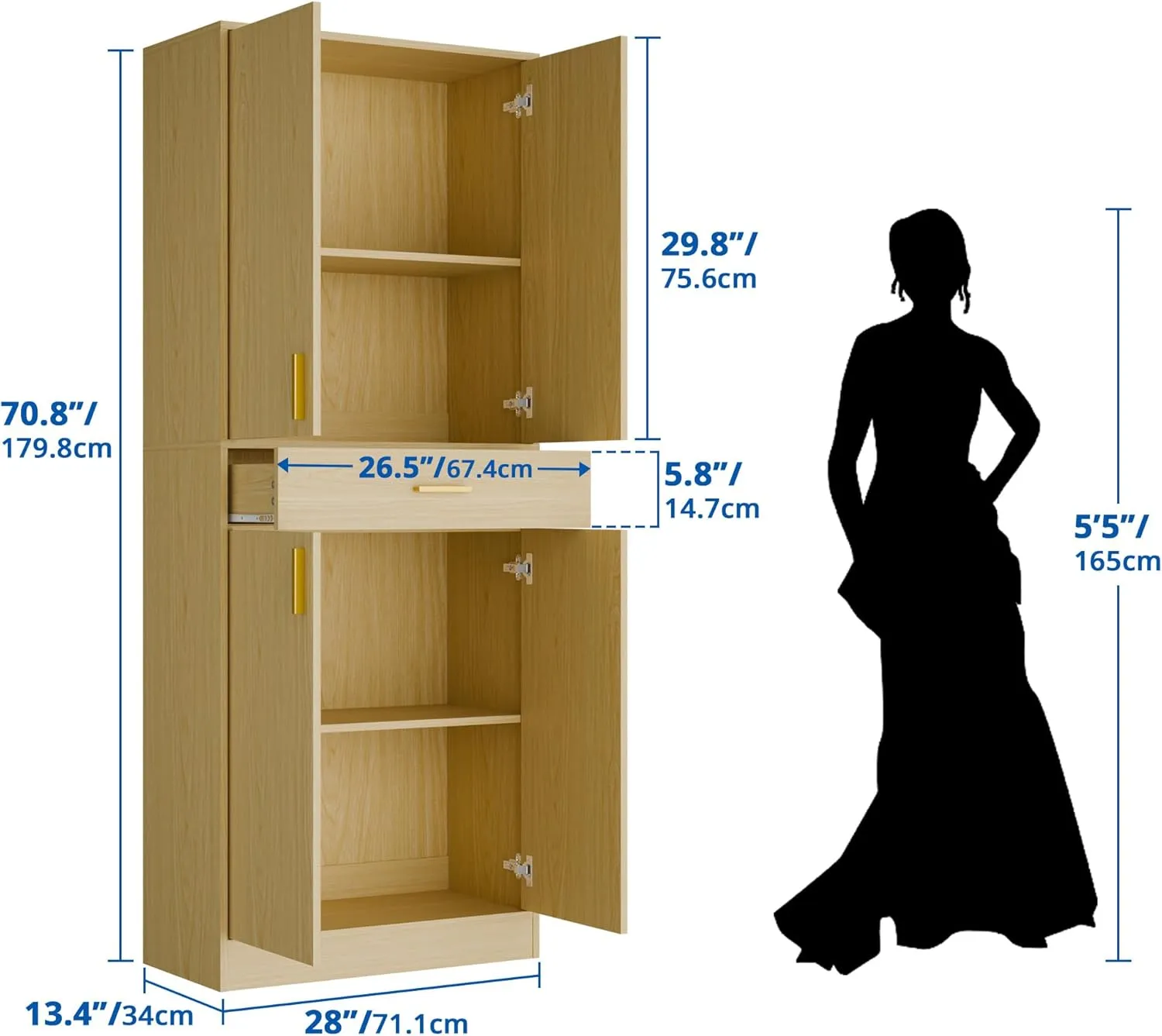 Cozy Castle Kitchen Pantry Storage Cabinet 71" Tall 4 Doors Wood Freestanding Cupboard with Sliding Drawer and 2 Adjustable Shelves for Dining Room Living Room, Laundry, Bathroom, Oak