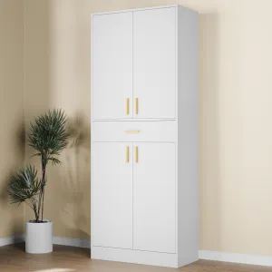 Cozy Castle Kitchen Pantry Storage Cabinet 71" Tall 4 Doors Wood Freestanding Cupboard with Sliding Drawer and 2 Adjustable Shelves for Dining Room Living Room, Laundry, Bathroom, White