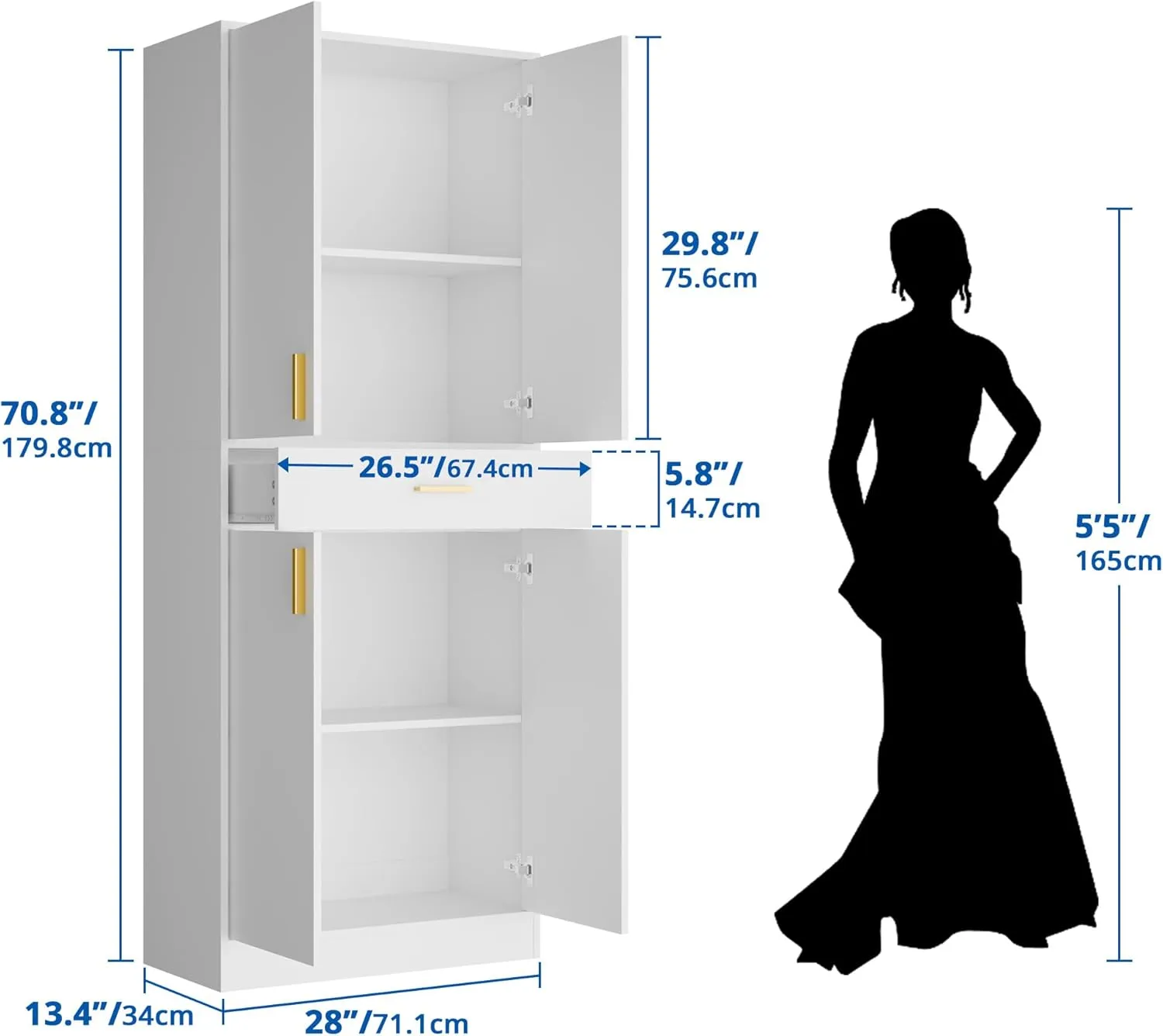 Cozy Castle Kitchen Pantry Storage Cabinet 71" Tall 4 Doors Wood Freestanding Cupboard with Sliding Drawer and 2 Adjustable Shelves for Dining Room Living Room, Laundry, Bathroom, White