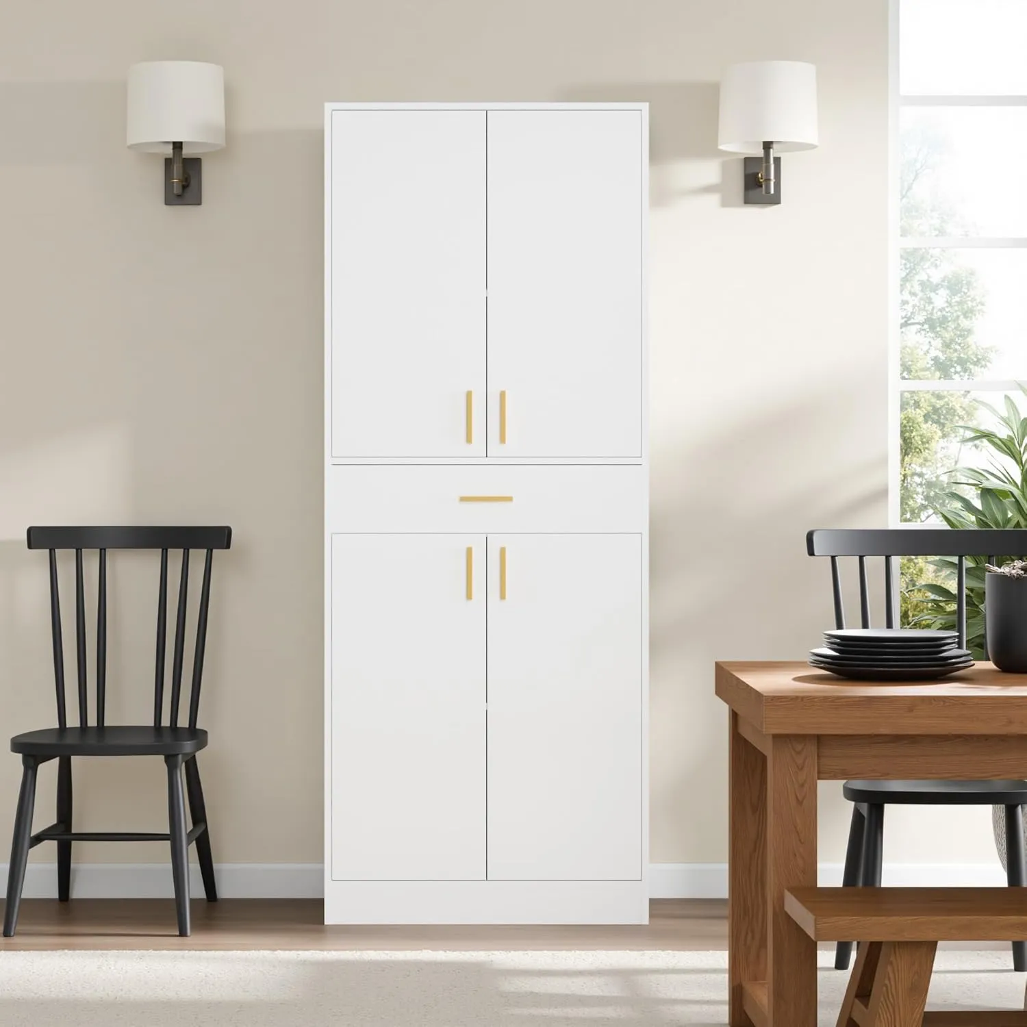 Cozy Castle Kitchen Pantry Storage Cabinet 71" Tall 4 Doors Wood Freestanding Cupboard with Sliding Drawer and 2 Adjustable Shelves for Dining Room Living Room, Laundry, Bathroom, White