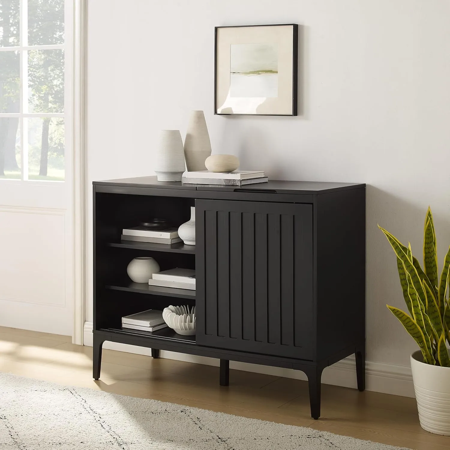 Crosley Furniture Asher Media Console and Record Player Stand with Storage for Vinyl Records, Matte Black