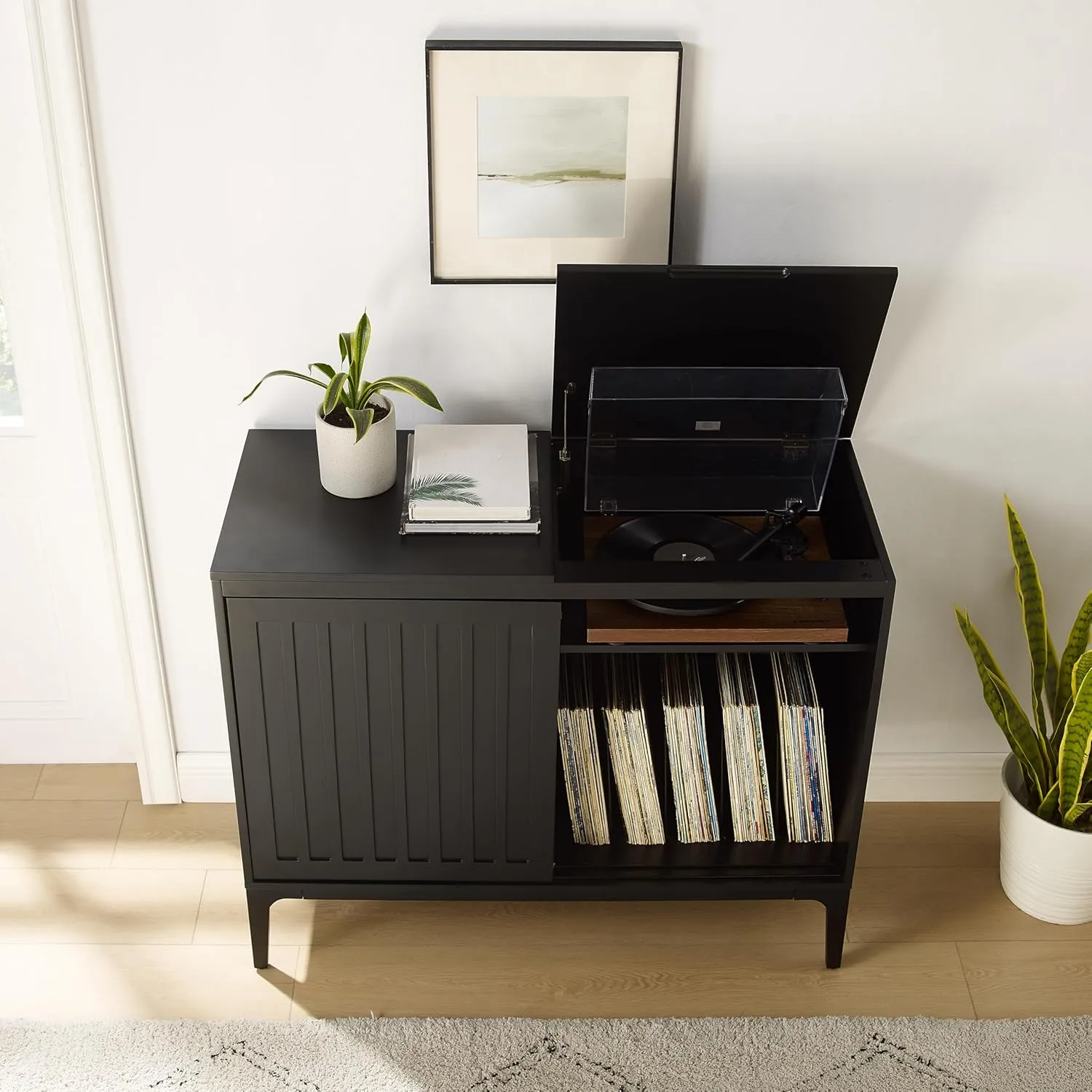 Crosley Furniture Asher Media Console and Record Player Stand with Storage for Vinyl Records, Matte Black