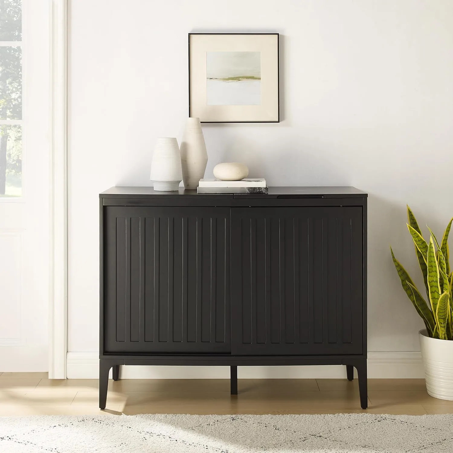 Crosley Furniture Asher Media Console and Record Player Stand with Storage for Vinyl Records, Matte Black