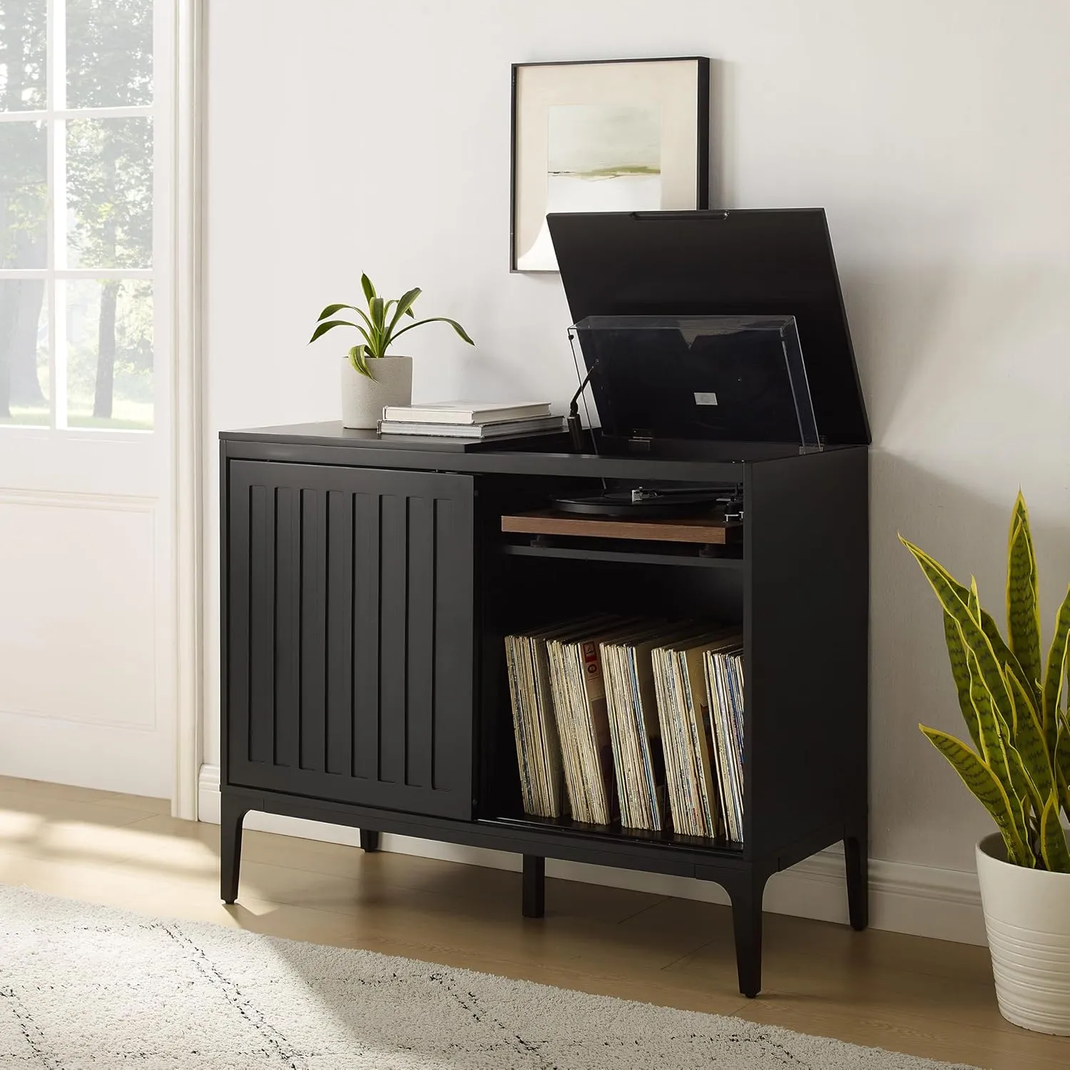 Crosley Furniture Asher Media Console and Record Player Stand with Storage for Vinyl Records, Matte Black