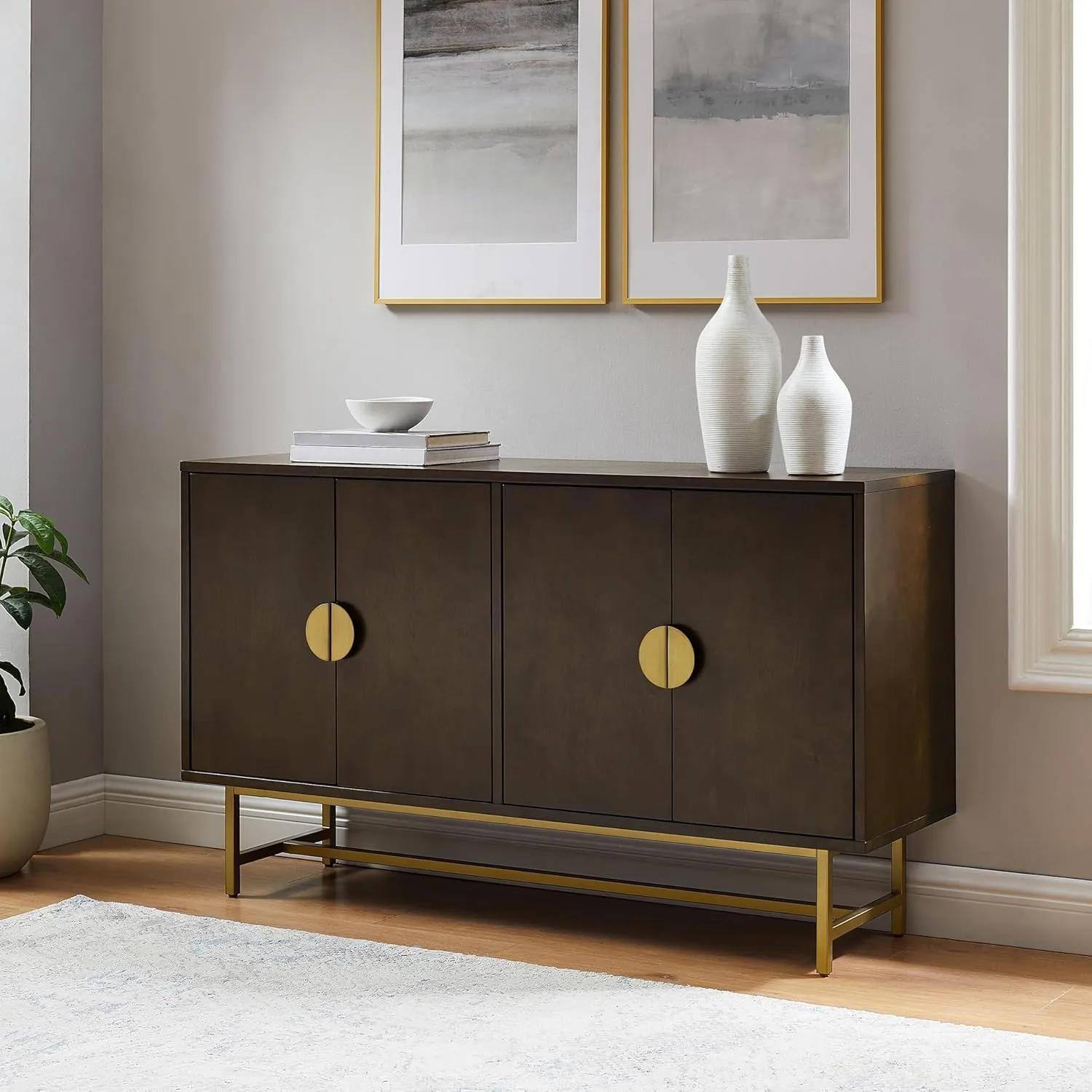 Crosley Furniture Blair Mid-Century Modern Sideboard Buffet Cabinet with Storage, Living Room Credenza, Dark Brown/Gold
