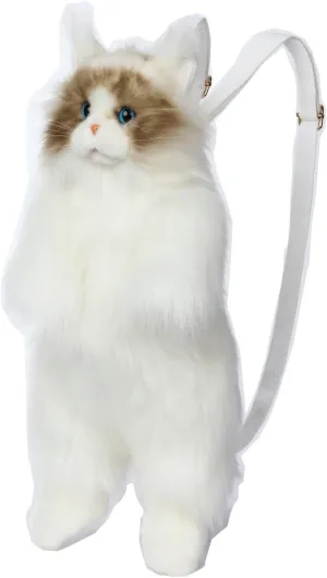 CU-MATE Plush Cat Backpack, Lifelike White Stuffed Animal Bag, Large Handmade Cute Cat Shaped Bag