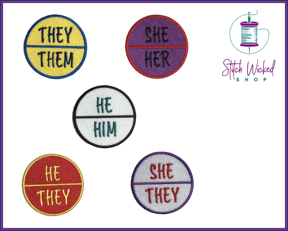 Custom Professional Pronoun Tag, Fully Embroidered Circle Patch
