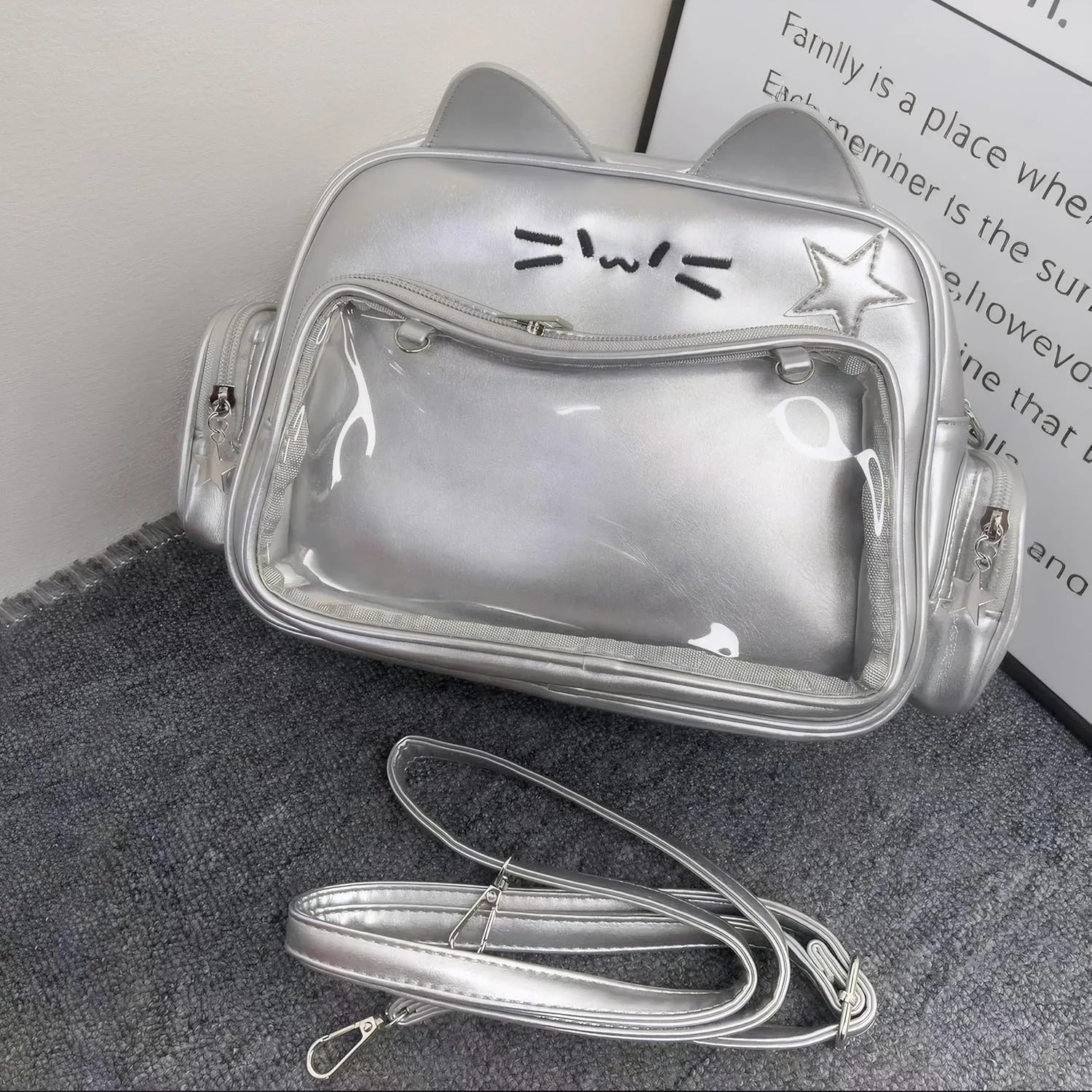 Cute Cat Ita Bag Backpack Crossbody Bag for Girls Kawaii Shoulder Bags Pin Display Backpack with Insert (Silver)