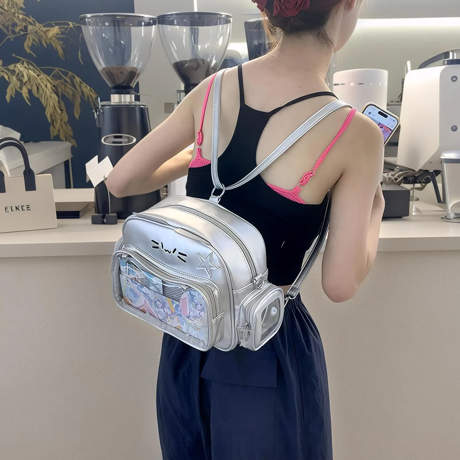 Cute Cat Ita Bag Backpack Crossbody Bag for Girls Kawaii Shoulder Bags Pin Display Backpack with Insert (Silver)