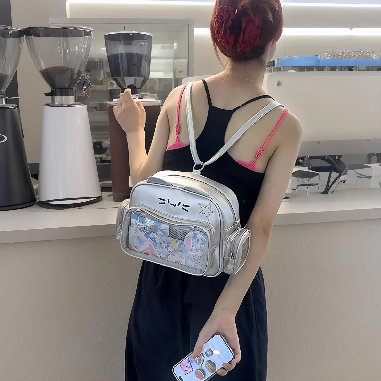 Cute Cat Ita Bag Backpack Crossbody Bag for Girls Kawaii Shoulder Bags Pin Display Backpack with Insert (Silver)